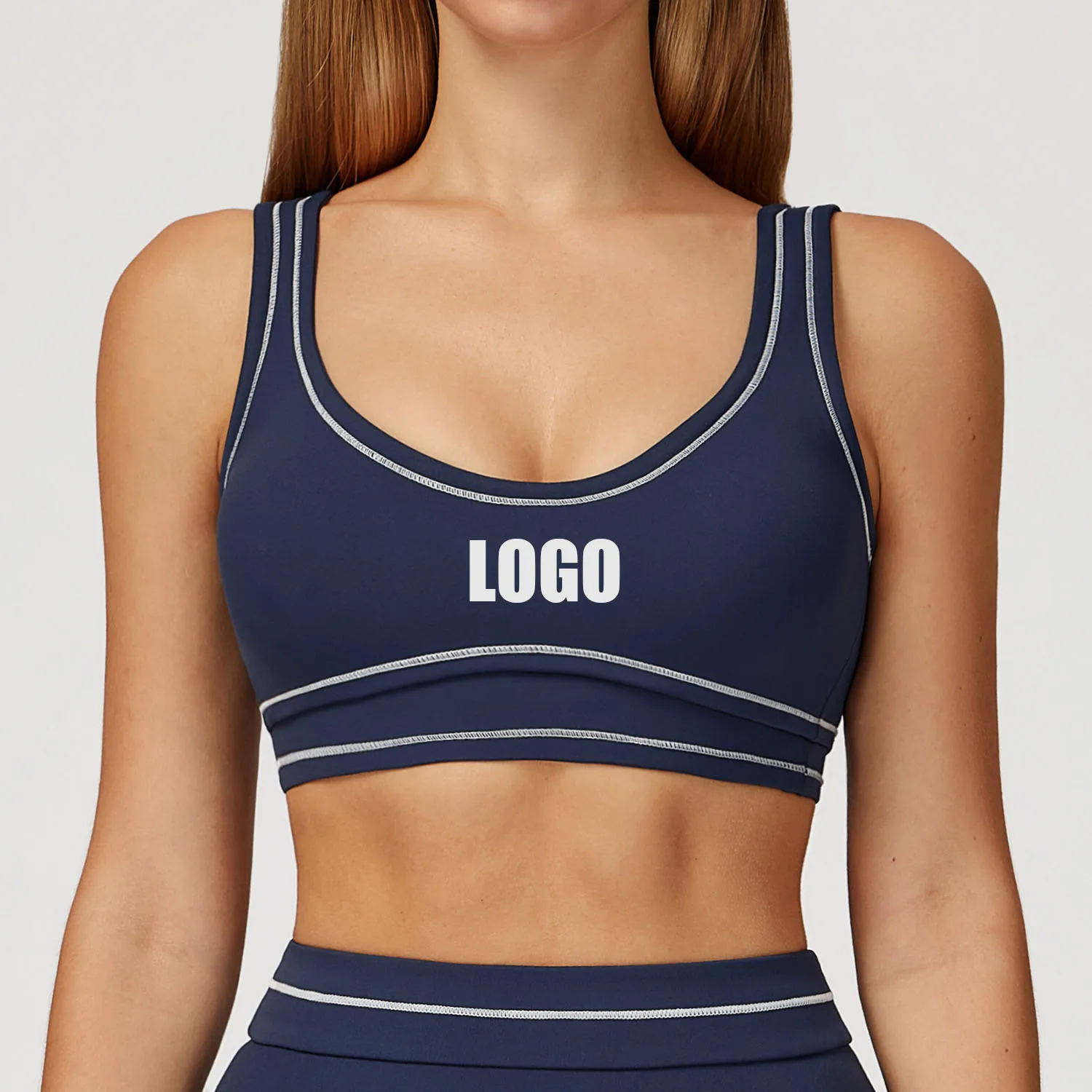 Maßgeschneiderter Logo-Yoga-BH mit kontrastierendem Farbschleifen, U-förmig, schöner Rücken, Sportunterwäsche, Laufen, Fitness, Yoga-Kleidung Image