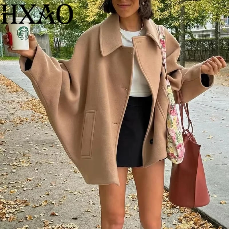 HXAO Damen-Mantel aus Wolle und Mischung, Oberbekleidung, 2024, Herbst-Winter, eleganter Langarm-Mantel, Damenmode, Büro, Khaki, Grün, Schwarz