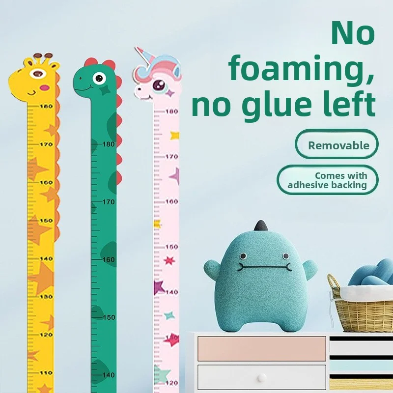 Kinder-Wachstumshöhenlineal-Aufkleber zum Messen und Aufzeichnen der Kinderhöhe mit Einhorn-Dinosaurier-Giraffe-Cartoon-Kinderzimmer-Dekor Image