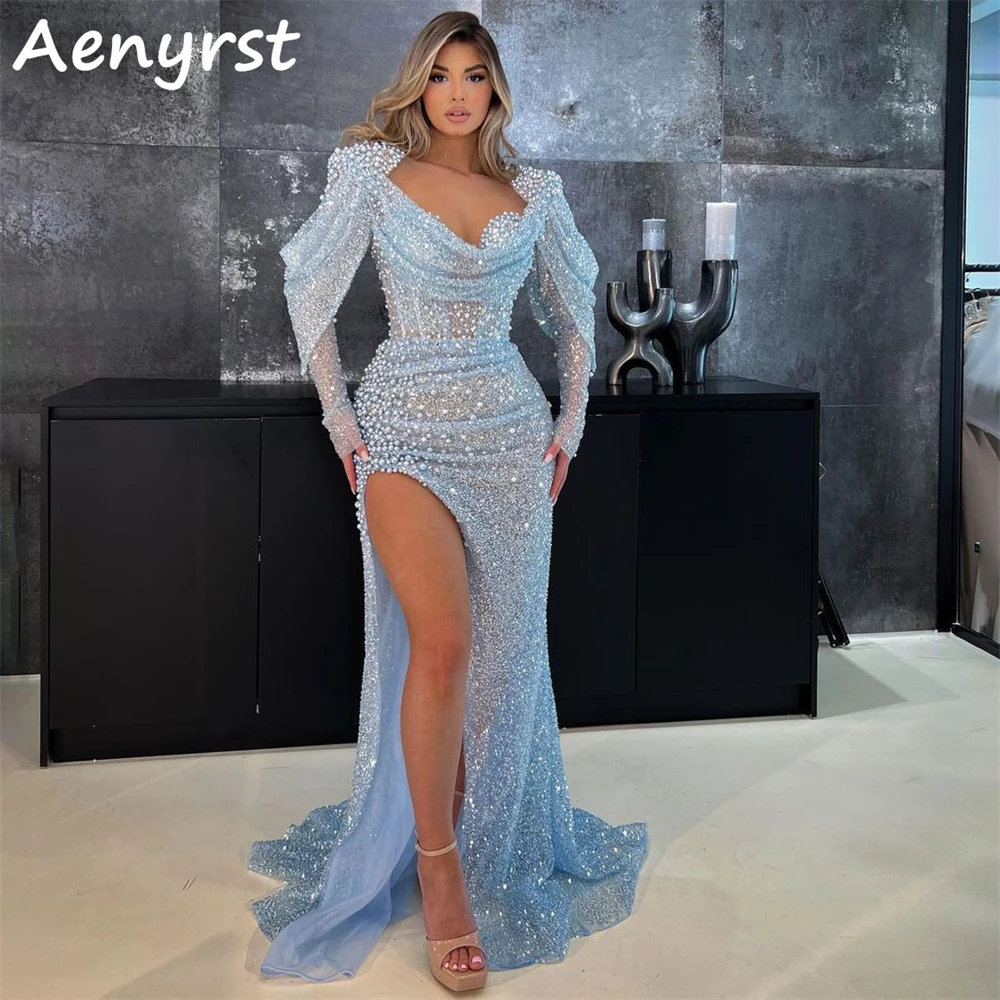 Aenyrst Luxus Sexy Schatz Saudi Abendkleider Meerjungfrau Pailletten Perlen Seitenschlitz Abendkleid Bodenlangen Formale Party Kleider Image
