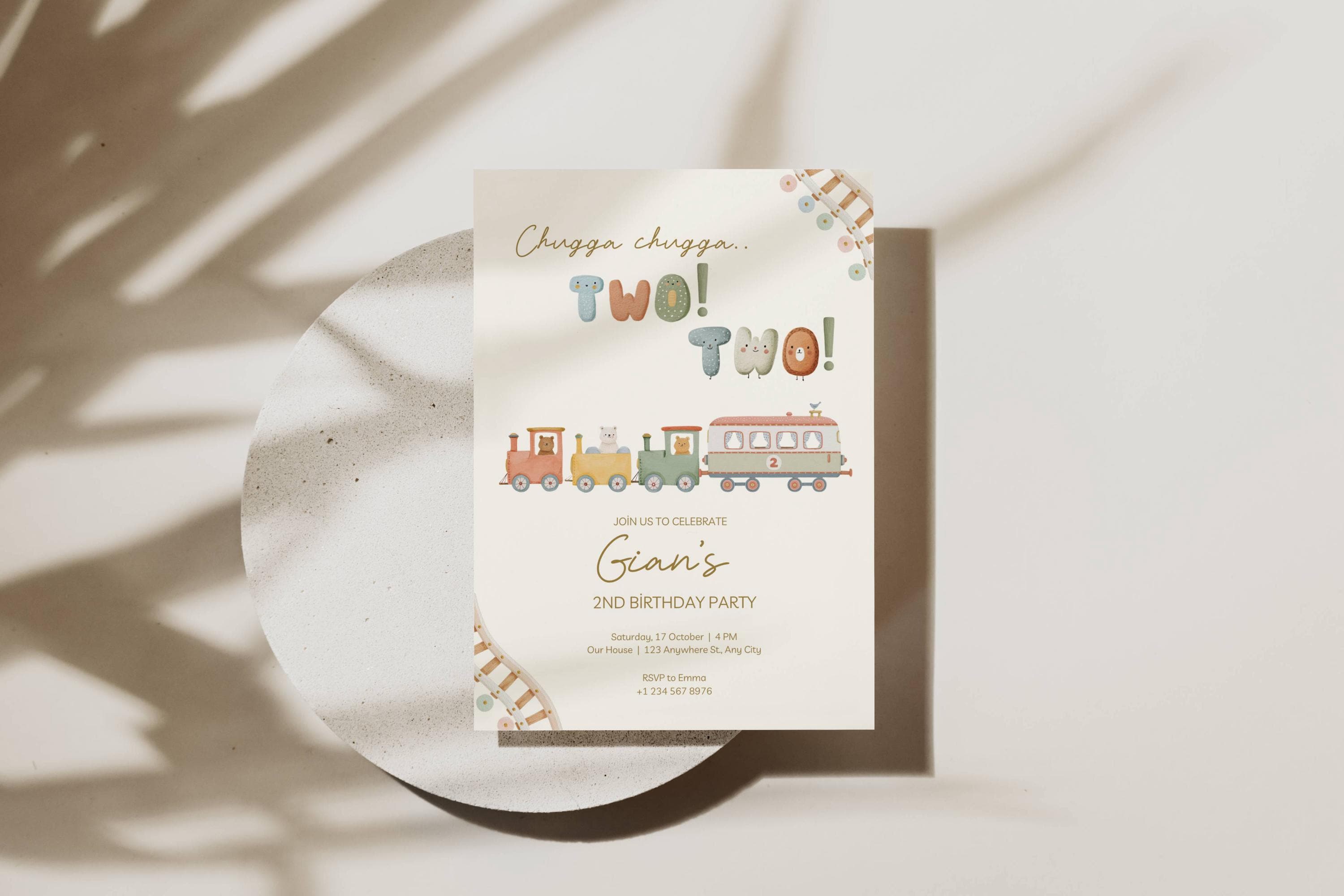 Modello di invito di compleanno Chugga Chugga Two Two, invito modificabile per il secondo compleanno di un ragazzo, tema treno, invito stampabile Canv