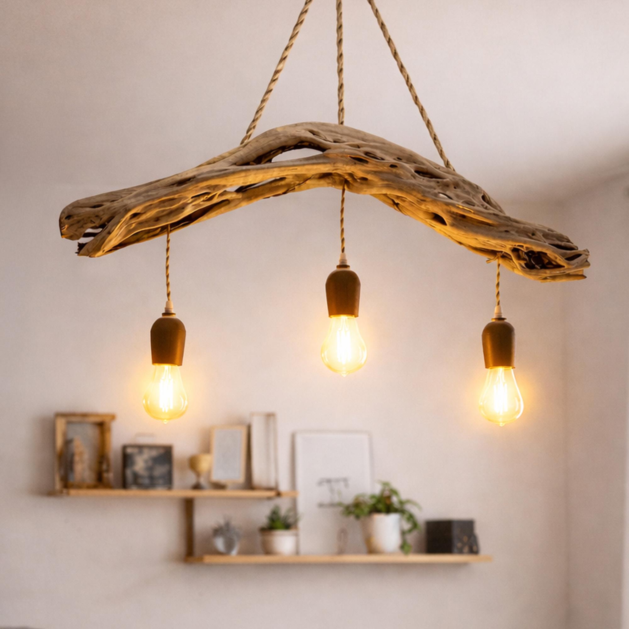 Lampadario in legno galleggiante, lampada a sospensione con ramo di albero, lampada da soffitto unica in legno naturale
