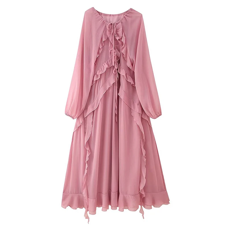 Abito lungo da donna con maniche lunghe con lacci e scollo a V, volant a cascata, abito lungo estivo casual a trapezio, eleganti abiti in chiffon da vacanza, maxi abiti