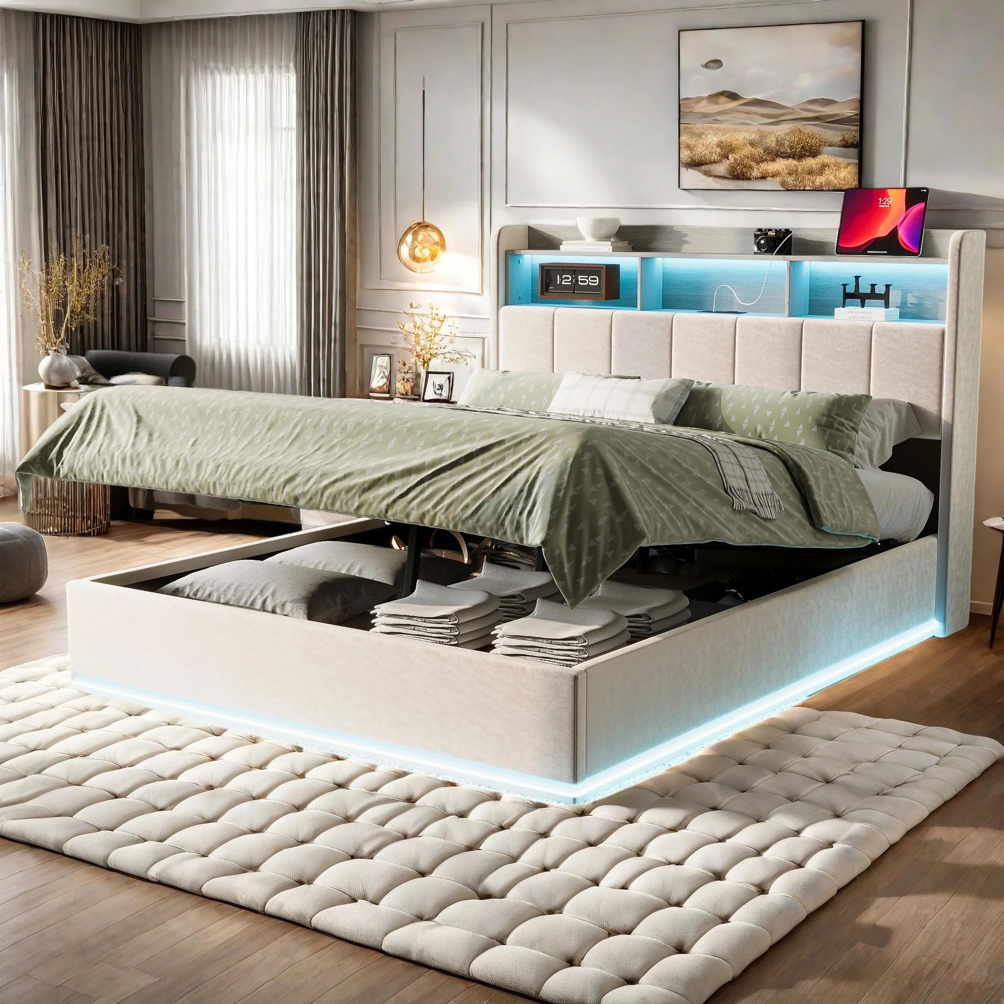 Rosahqnda Polsterbett 140x200 cm mit Stauraum, Doppelbett mit LED/USB, Stauraumbett mit Kopfteil, Jugendbett Image