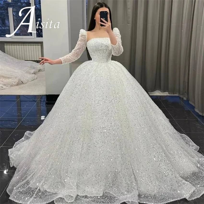 Angepasst A-Line Quadrat Kragen Pailletten Brautkleid Lange Ärmel Brautkleider Bodenlangen Braut Kleid Vestidos De Novia Image