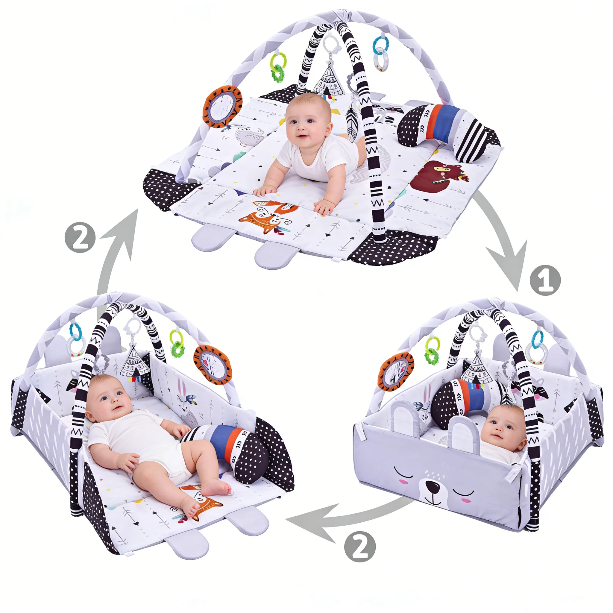 Baby-Spielmatte, Bauchzeit mit Matte – Baby-Spielmatten für Bodenaktivitäten, Fitnessstudio mit Spielzeug, waschbare Bauchzeitmatte, Bodenmatte für Mädchen und Jungen