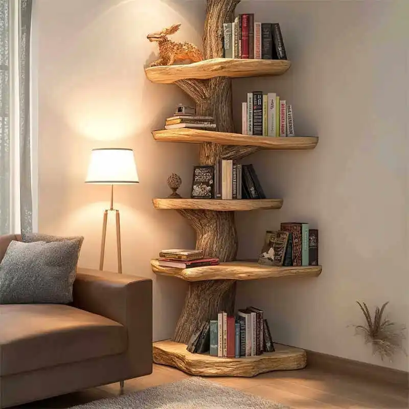 Eck-Bücherregal aus Massivholz Wandregal für Wohnzimmer Arbeitszimmer Ferienhaus Aufbewahrungsregal Dekoratives Regal Ausstellungsregal Image