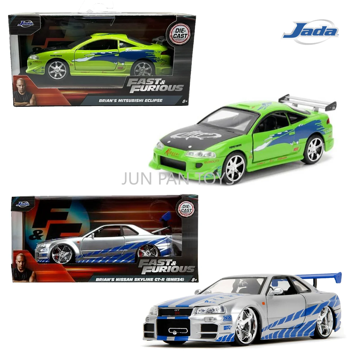 Original Jada Fast & Furious 1:24 Maßstab Brian's Nissan Skyline 1:32 Mitsubishi Eclipse Sammlerstück Legierung Automodell Kindergeschenk Spielzeug Image