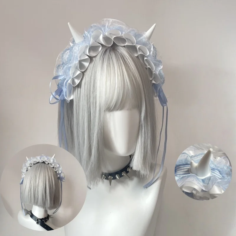 Neue Ankunft Gothic Subkultur Dämon Horn Stirnband Y2K Wasser Blau Spitze Bogen Kopfschmuck Flauschigen KC Süße Haar Zubehör Image