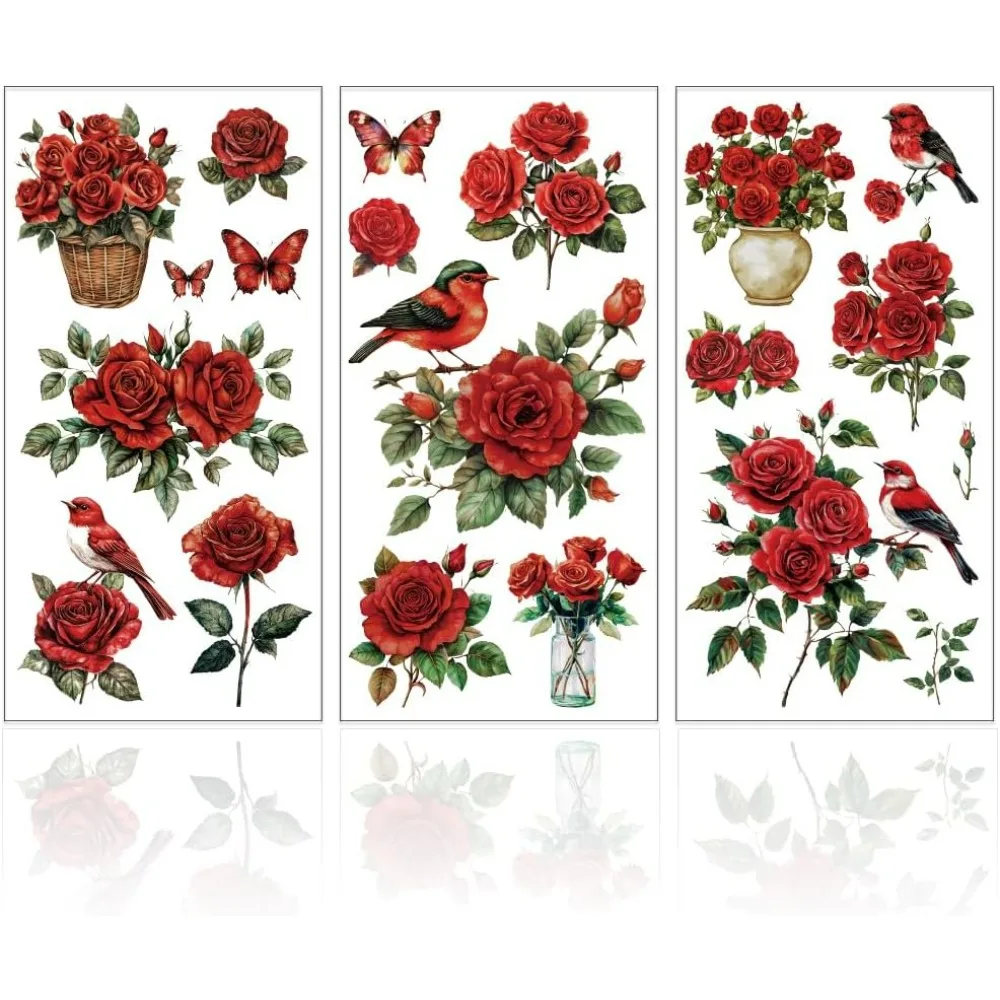 3 Blatt rote Rose und Vögel Möbeltransfer 6 x 12 Zoll Pflanzen und Blumen Rub on Transfer Selbstklebende Wandkunstaufkleber Image