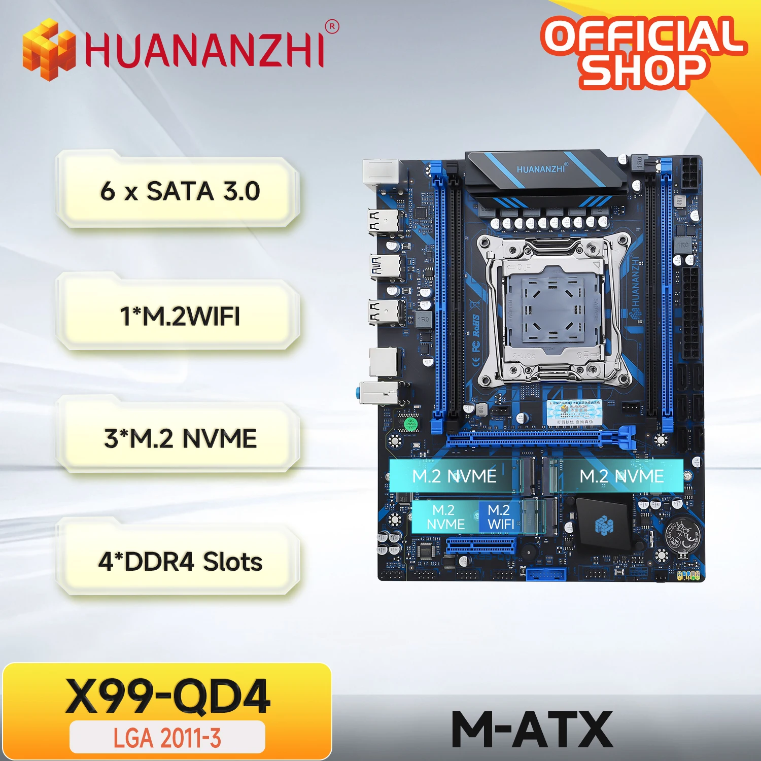 HUANANZHI X99 QD4 LGA 2011-3 XEON X99 Motherboard Intel E5 2640 2666 2670 2696 V3 V4 unterstützt DDR4 RECC NON-ECC Speicher NVME SATA Image