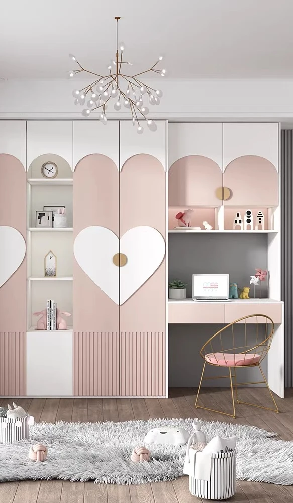 Mädchen-Kleiderschrank im rosa Internet-Celebrity-Prinzessinnen-Stil mit integriertem Luxus-Glastüren-Design und Massivholzkonstruktion.