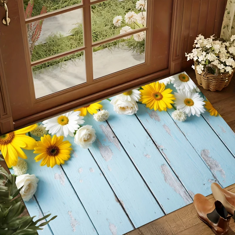 Blauer Holzboden-Teppich mit Sonnenblumen- und Gänseblümchenmuster, rutschfester, weicher, saugfähiger Fußabtreter für den Eingangsbereich, Schlafzimmer und Wohnzimmerdekoration Image