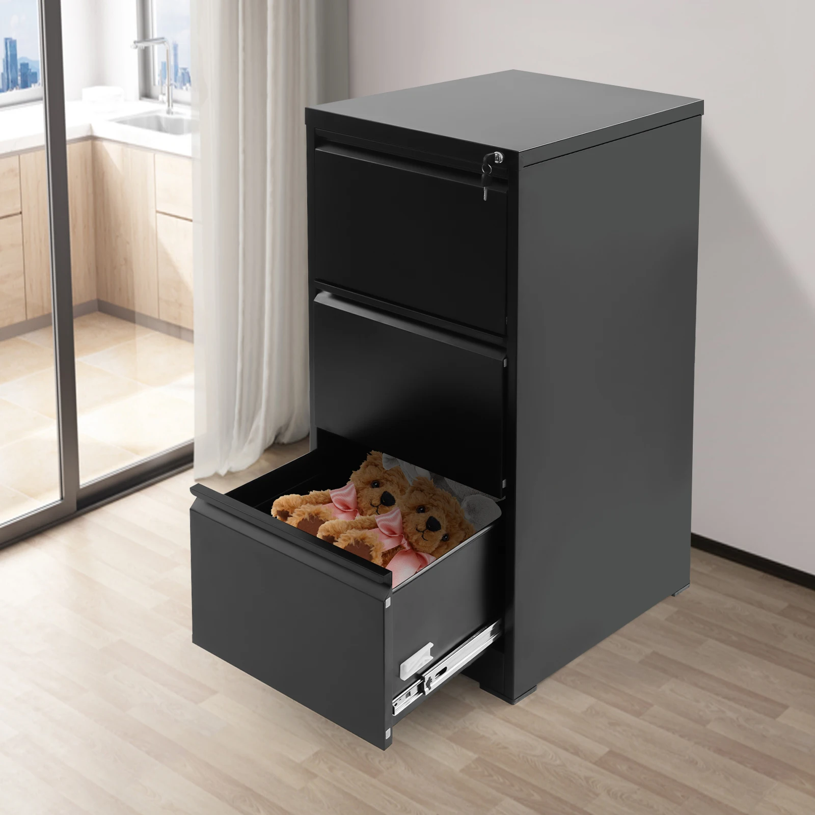 62 x 46 x 103 cm abschließbarer Aktenschrank, Aktenschränke aus Metall mit 3 Schubladen, Büroschrank für das Heimbüro, Schwarz Image