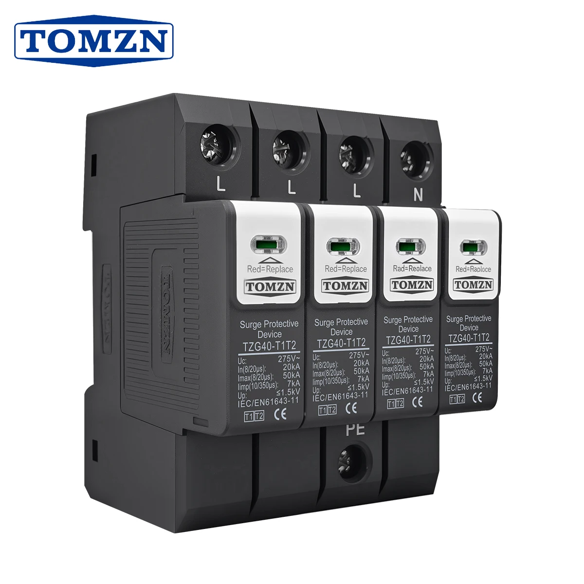 NEU Typ T1 T2 2IN1 AC SPD Überspannungsschutzgerät 4P 8/20μs 20-50kA 10/350μs 7kA DIN-Schiene Tomzn Office Multiprise Parafoudre Image