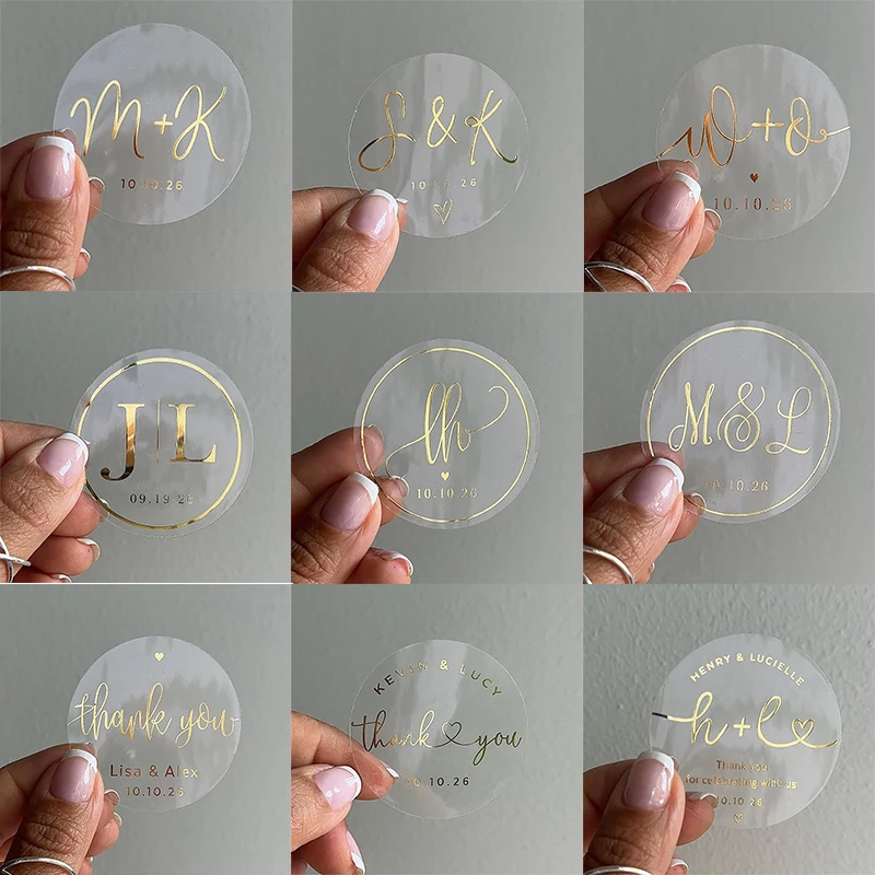 Benutzerdefinierte Goldfolie Hochzeit Aufkleber Etiketten personalisierte Brautparty Bevorzugung Etiketten klare Umschlag Siegel Hochzeitseinladung Aufkleber Image