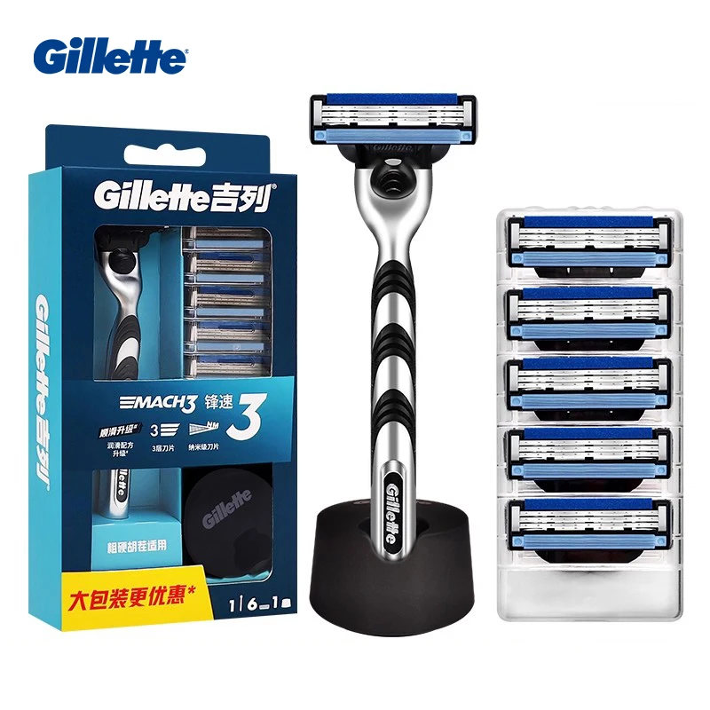 Gillette Mach 3 Rasierer, 3 Klingen, Rasierbart, Rasierer für Männer, 1 Griff, 6 Rasierköpfe, 1 Ständer Image
