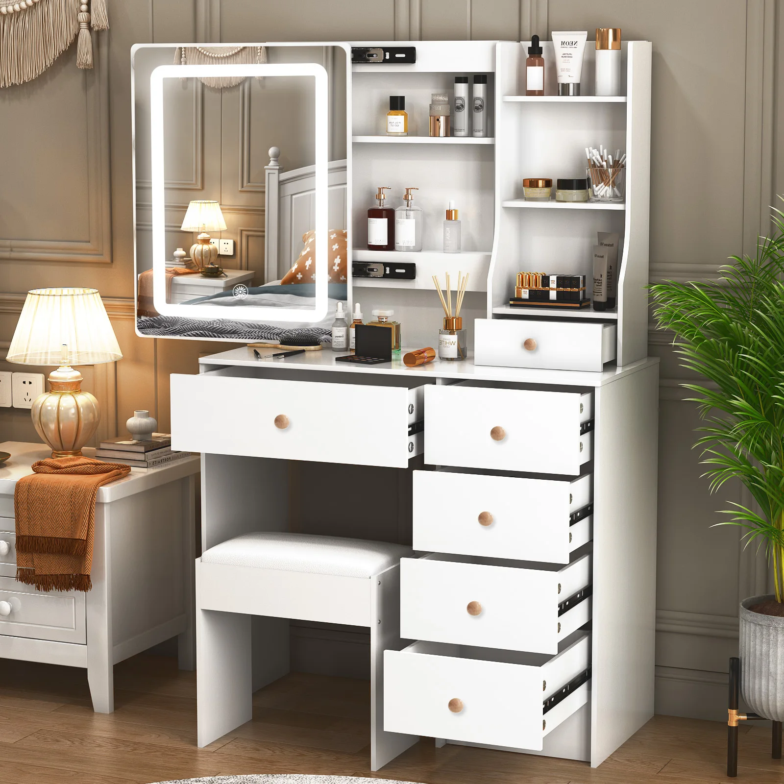 Moderner LED-beleuchteter Schminktisch-Set mit Spiegel, 3-farbig dimmbar, Touch-Steuerung, Aufbewahrungshocker, Schminktisch für Schlafzimmer Image