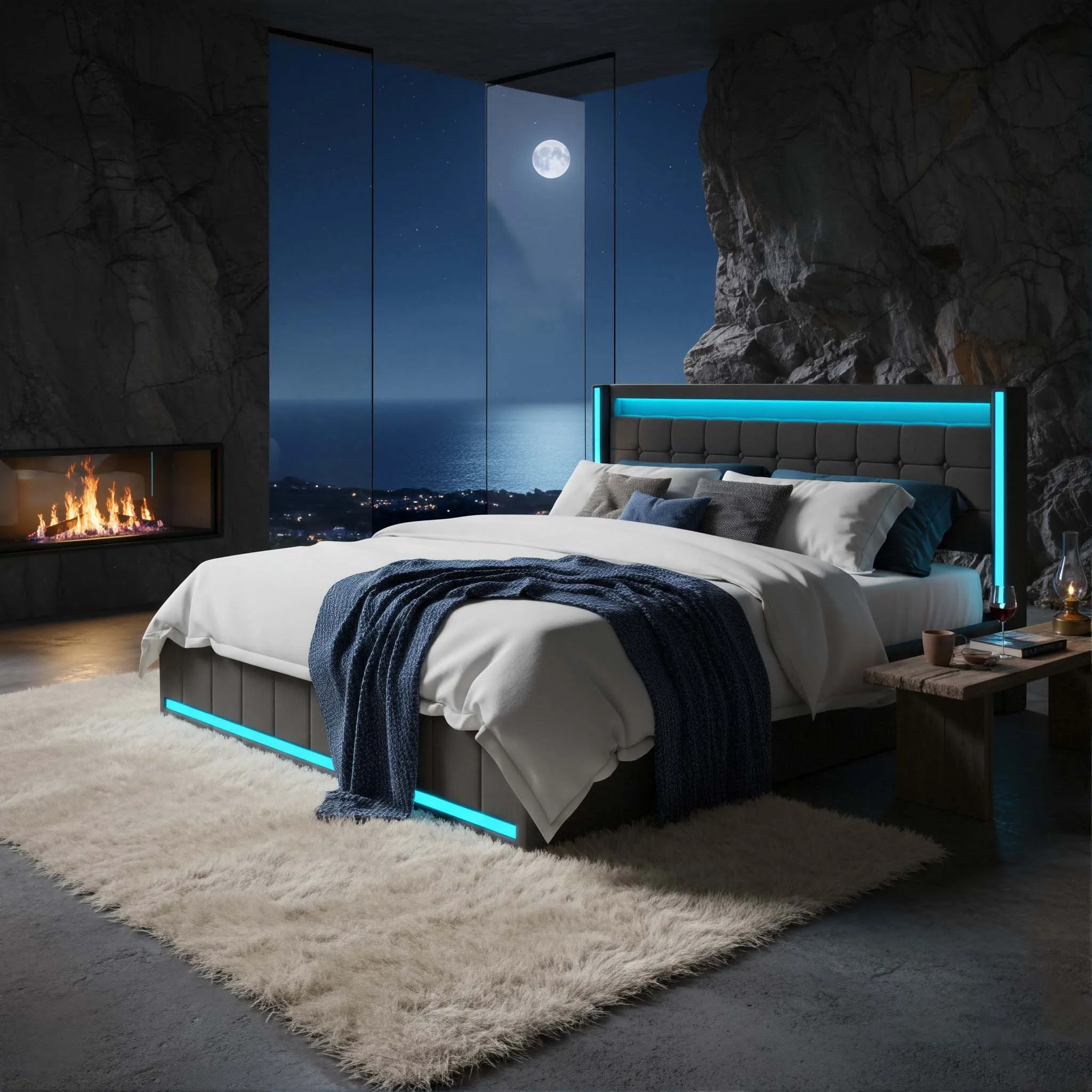 Doppelbett 160 x 200 cm mit 4 Schubladen, Stauraum-Kopfteil mit LED-USB-Buchse, grau gepolstertes Bett, moderner Stil, Leinenseed Image