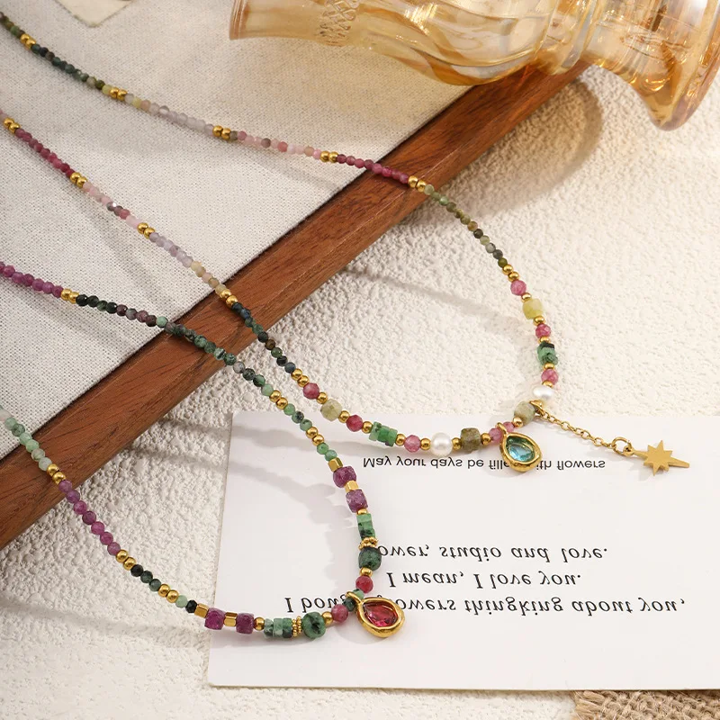 Handgefertigte Perlenkette aus Naturstein mit Farbverlauf, Nischen-Retro-Süßwasserperlen-Schlüsselbeinkette für Frauen Image