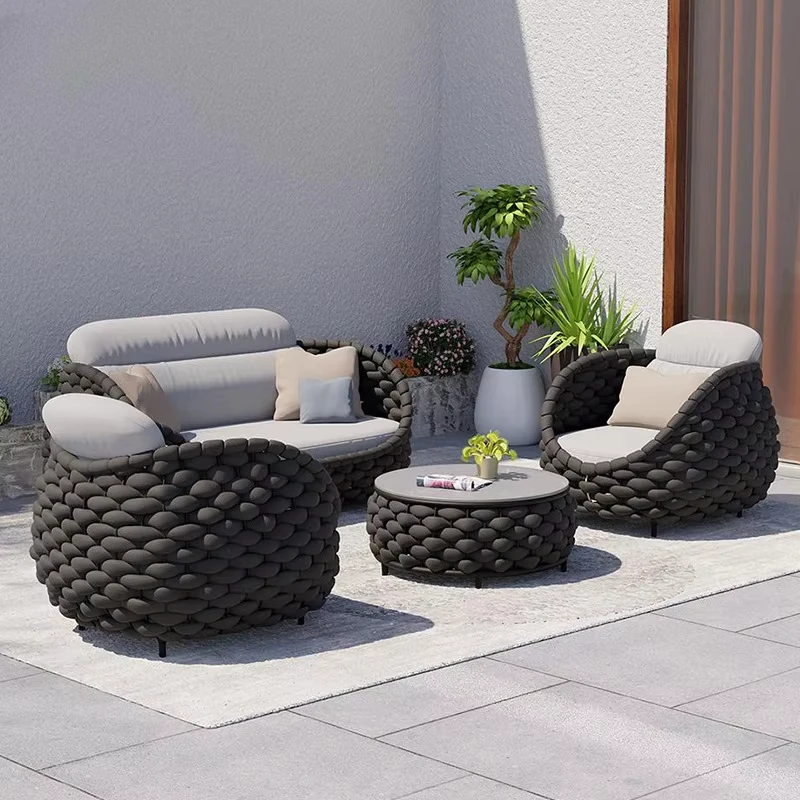 Garten-Set für den Außenbereich, Aluminiumrahmen, gewebte Seilstühle und Tisch-Set, luxuriöse, moderne Terrassenmöbel-Sets