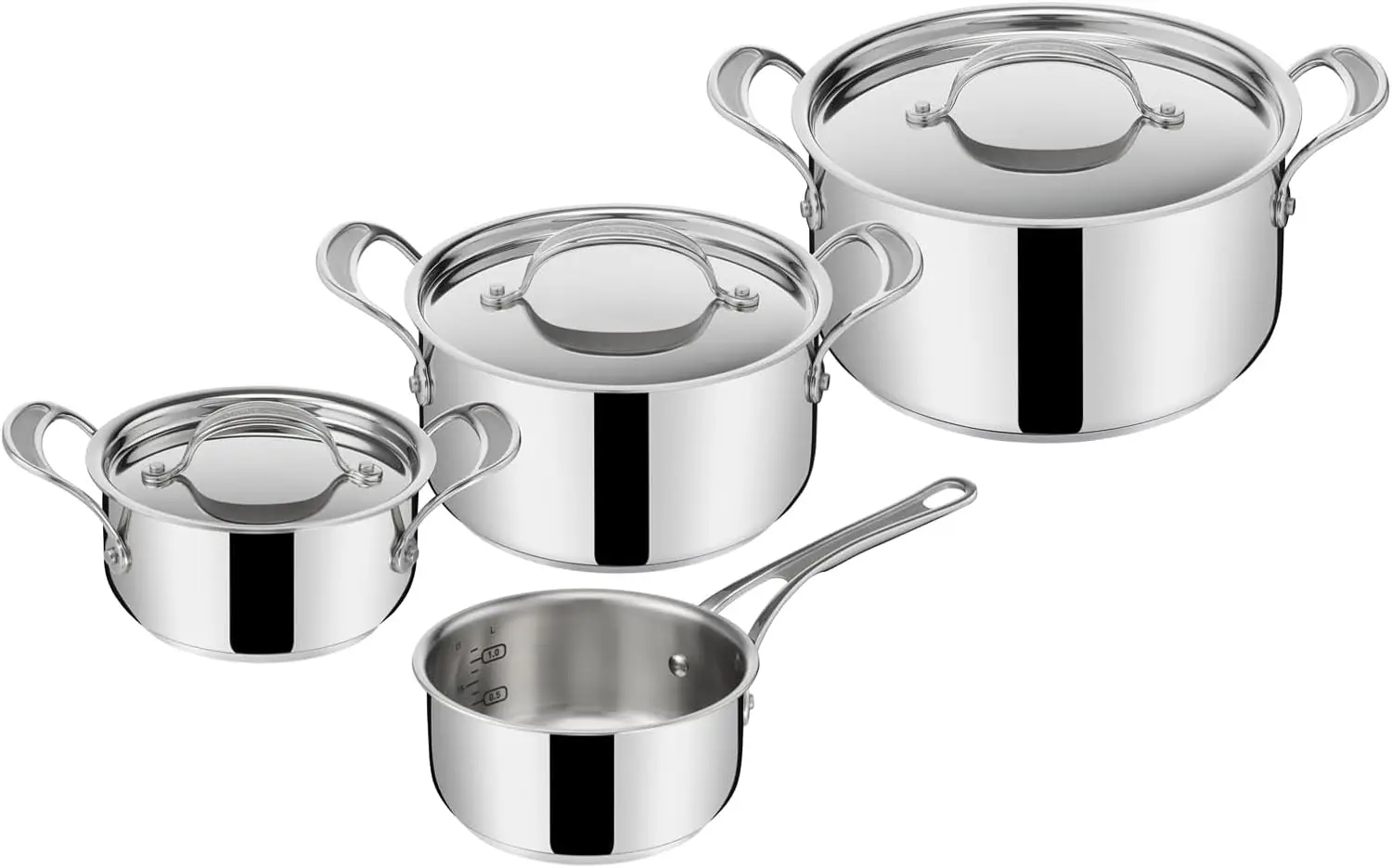 7-teiliges Edelstahl-Induktionskochgeschirr-Set mit Deckeln, 16, 20, 24 cm Töpfe und 16 cm Saucepfanne Image