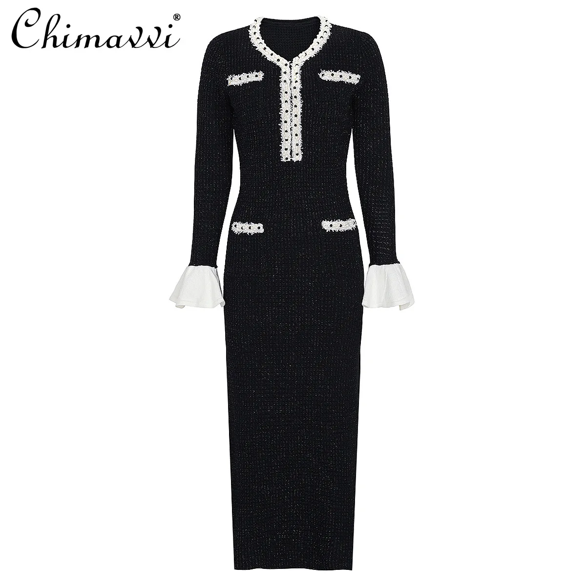 2026 Frühling und Herbst Neue Mode Perlenverziertes Strickkleid für Damen Hochwertig Elegant Gerüschtes Bürodamen-Kleid mit Langen Ärmeln Image