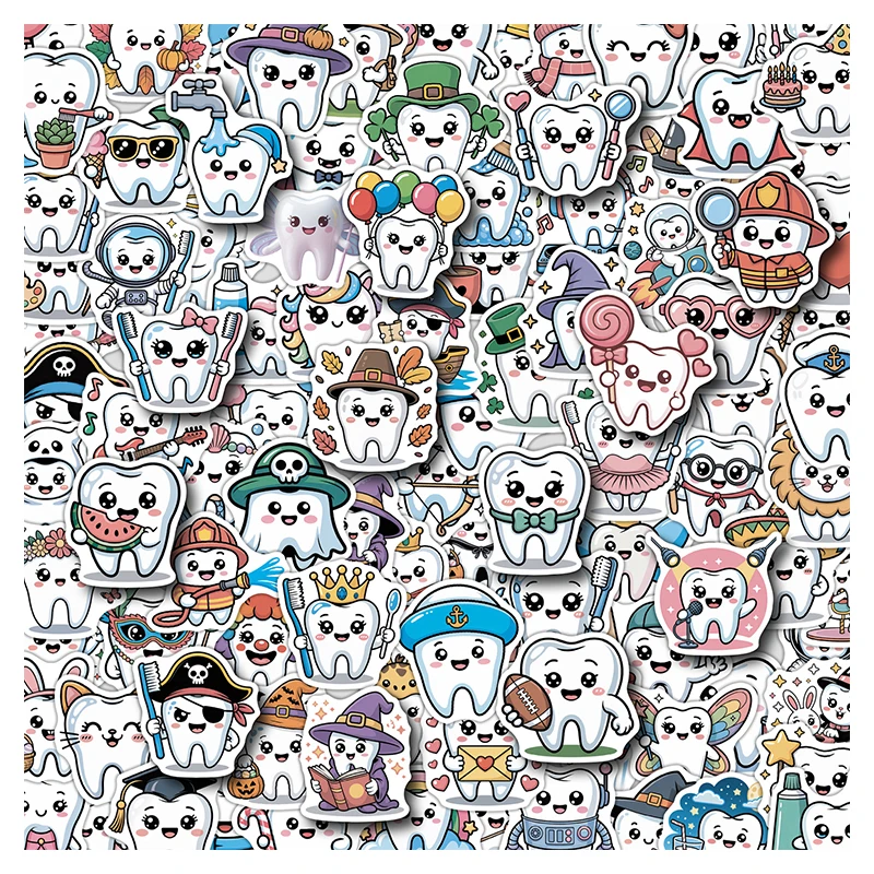 100 Stück Zahn-Cartoon-Aufkleber, niedliche Zahn-Aufkleber, wasserdichte Vinyl-Aufkleber für Zahnarzt-Themen, für Sammelalbum, Laptop, Wasserflasche, Stoßstange Image