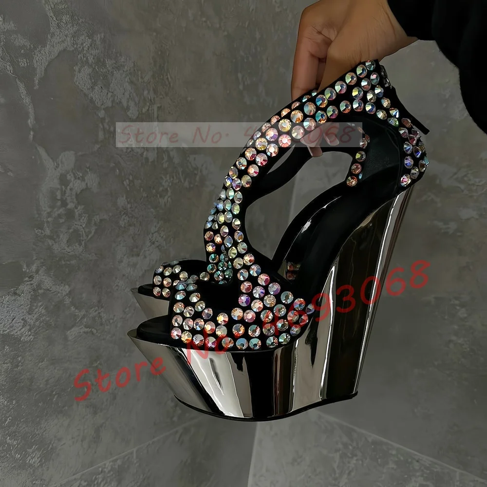 Funkelnde bunte Kristall Keil Heels Sandalen Frauen Cross Strap Silber Spiegel Plattform Schuhe Sexy Bankett zurück Reißverschluss Sandalen