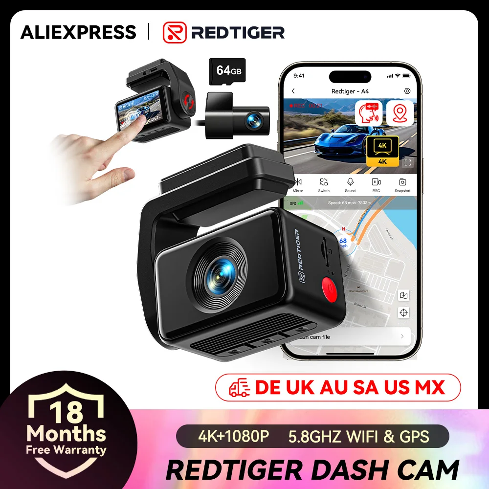 REDTIGER A4 4k Dash Cam Vorder- und Hinterrad-Laufwerksrekorder GPS & 5G WiFi Touchscreen Nachtsicht 24H Parkmodus Sprachsteuerung Image