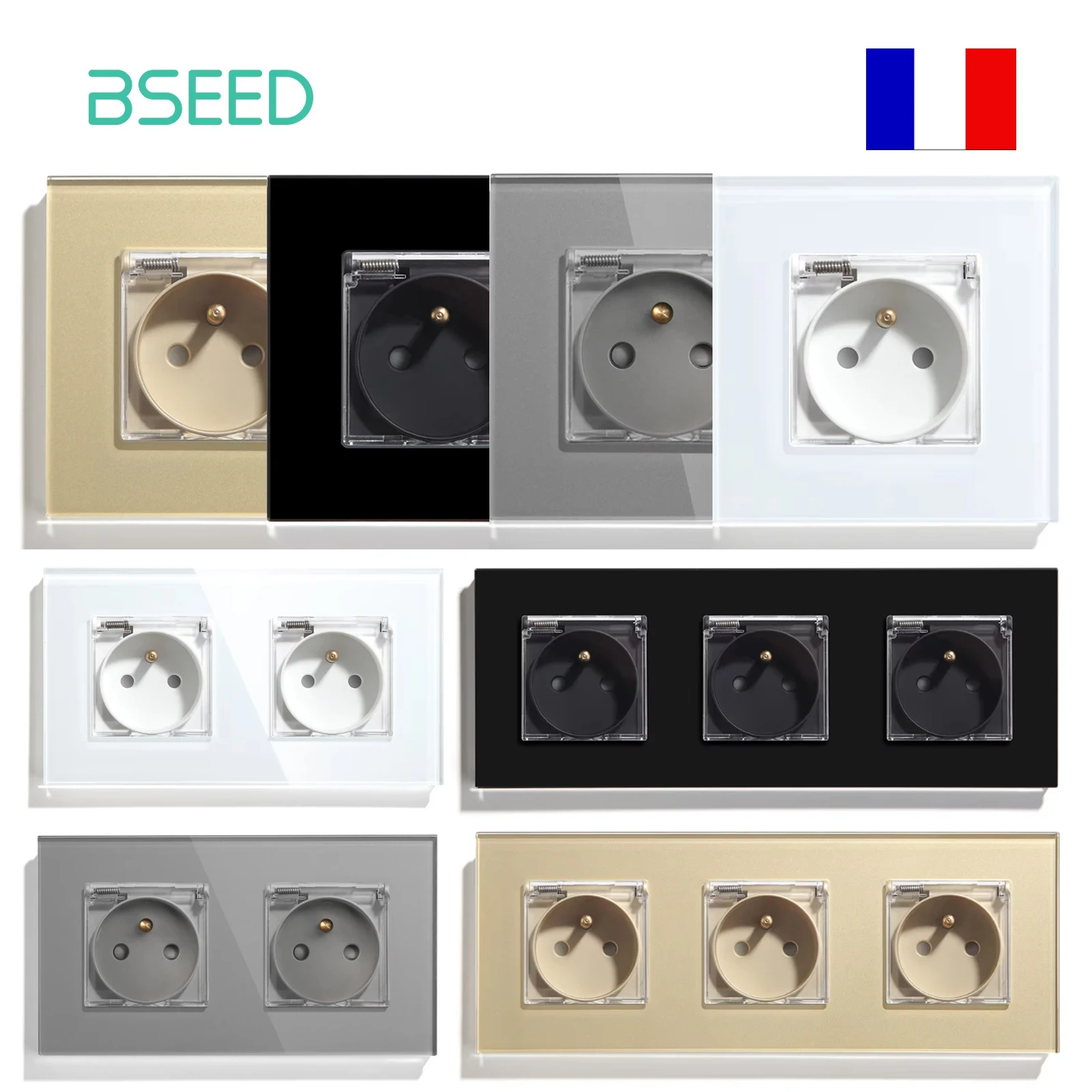 BSEED Französische Einzelsteckdosen, weiße Glasscheibe, 16 A, doppelte Wandsteckdosen, wasserdichte Abdeckung, Außensteckdose, dreifache Steckdosen Image