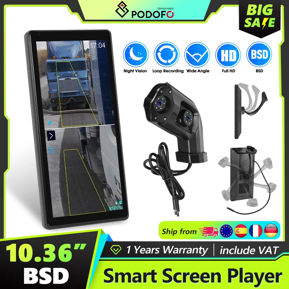 Podofo-Automonitor mit 2-kabelgebundener Rückfahrkamera, störungsfrei, IP68, wasserdicht, Nachtsicht, HD-Backup-Monitor mit BSD und DVR Image