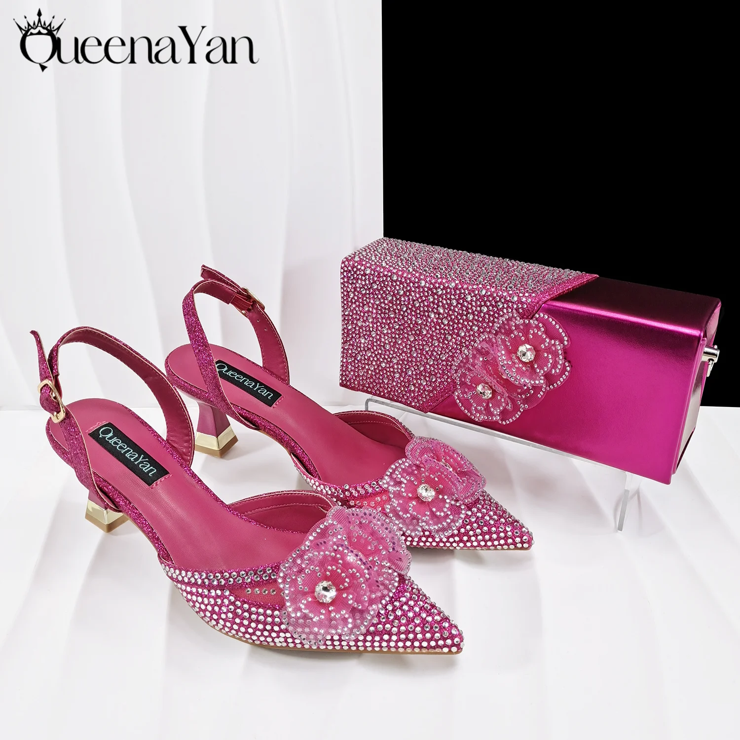 QueenaYan Elegantes Abendschuh- und Handtaschen-Set im afrikanischen Stil, spitze Zehenpartie, High Heels, Damenschuhe und passende Tasche