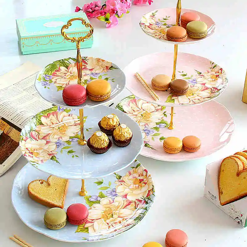 6+8+10 Zoll, feines Knochenporzellan Blumenmuster Kuchenständer, Elegantes Party-Buffet Servierplatten-Set. BBQ-Tabletts dekorativ, Dessertteller Image