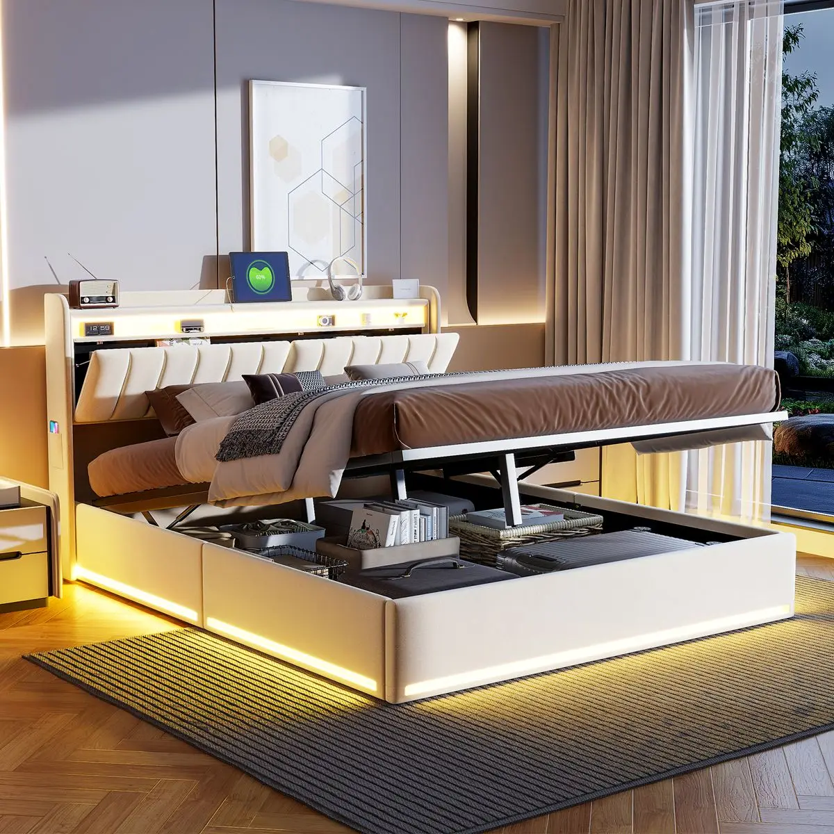 Bett 140x200cm mit LED-Box und USB, Doppelbett 140x200 mit LED-Beleuchtung, gepolstertes Bett mit Stauraum, Samt Image