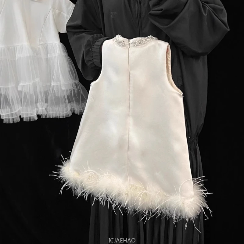 Mädchen Satin Feder Prinzessin Weißes Kleid Kleidung Baby Kinder Geburtstag Party Kleid Kinder Formale Outfit Kinder Sommer Kostüme Image