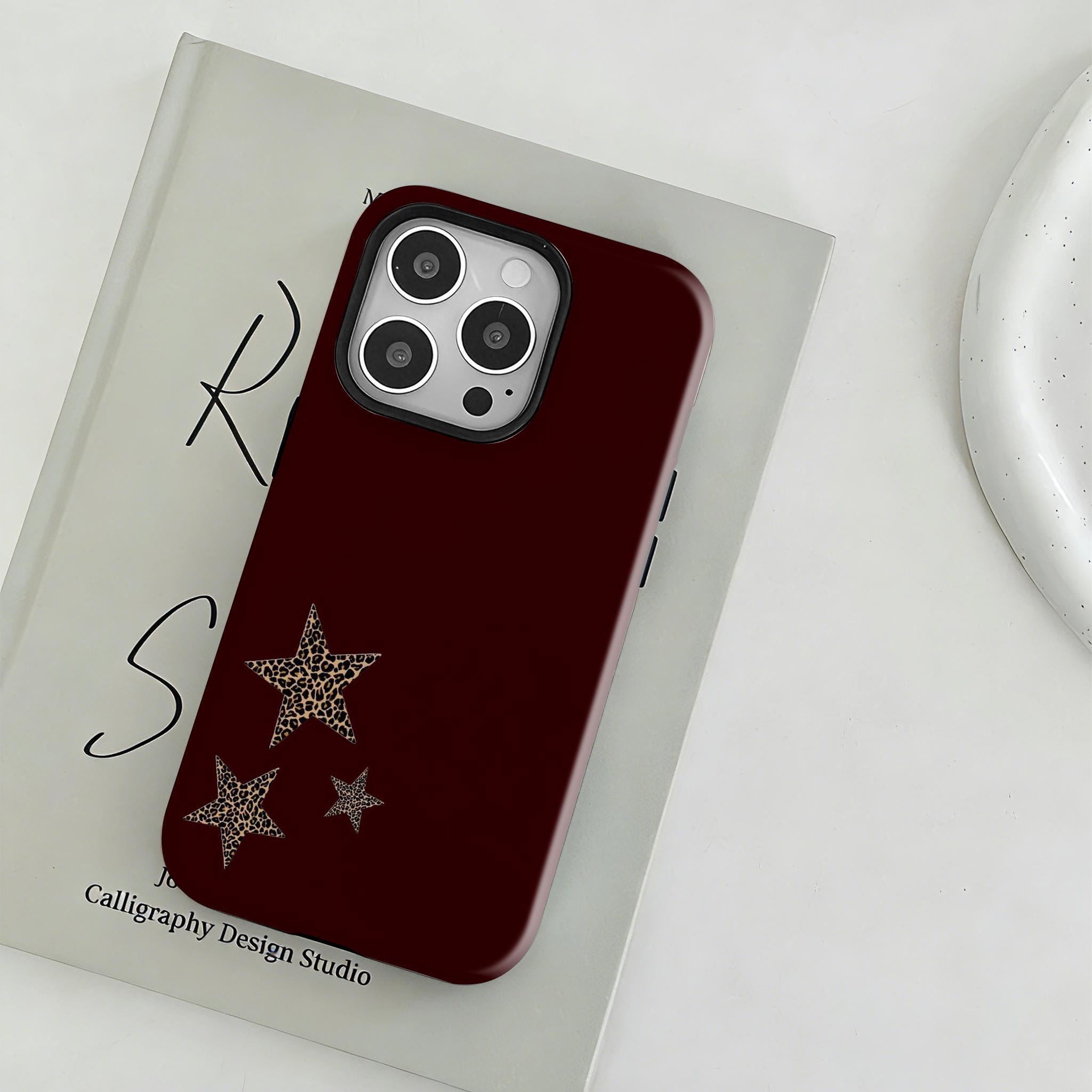 Custodia per telefono resistente con stampa leopardata e stella alla moda, motivo ghepardo bordeaux, per iPhone 17, 16, 15, 14, 13, 12 Pro Max, Samsun