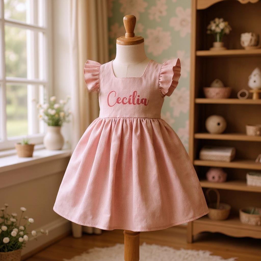 Abito in lino ricamato a mano personalizzato, abito in lino morbido con nome personalizzato, abito in lino per bambini, abito per compleanno bambina,
