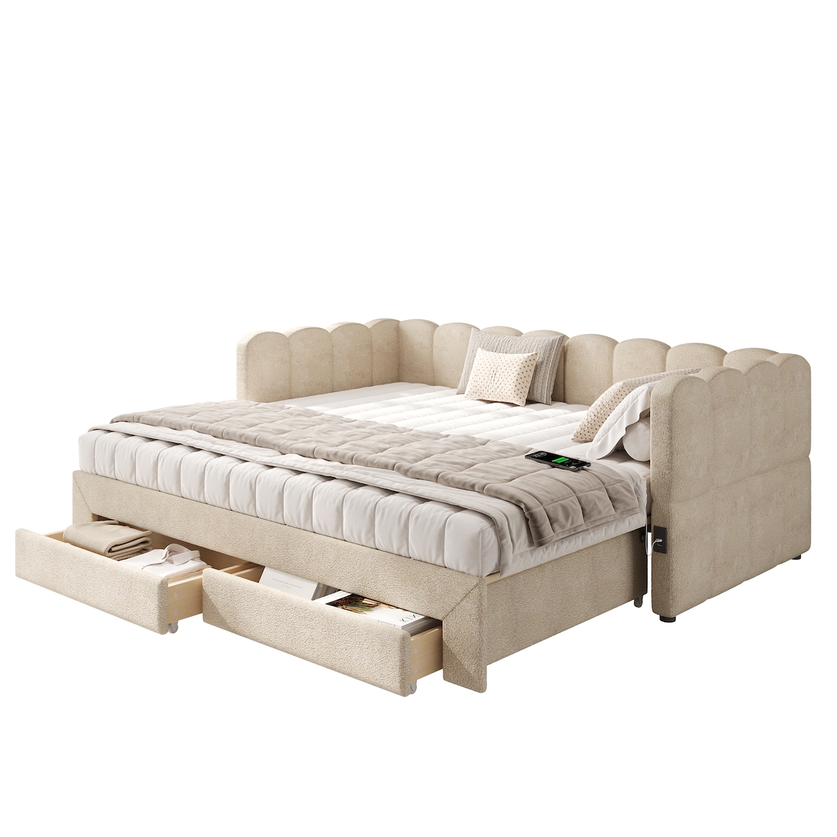 Merax Polsterbett Daybett 90x190cm, Sofabett & Tagesbett mit 2 Schubladen, ausziehbar auf 180cm, USB-Anschluss, Beige Chenille Image