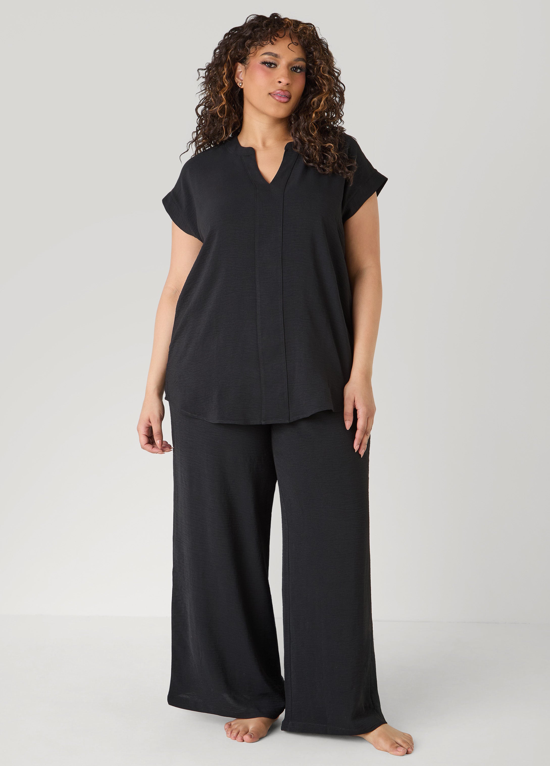 Plus Size Textured V Neck Pajama Set
