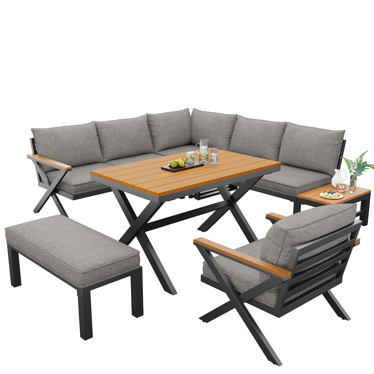 Merax Modulares Gartenmöbel-Set für 6-8 Personen, moderne X-Form Tisch- & Stuhlbeine, Grau Image