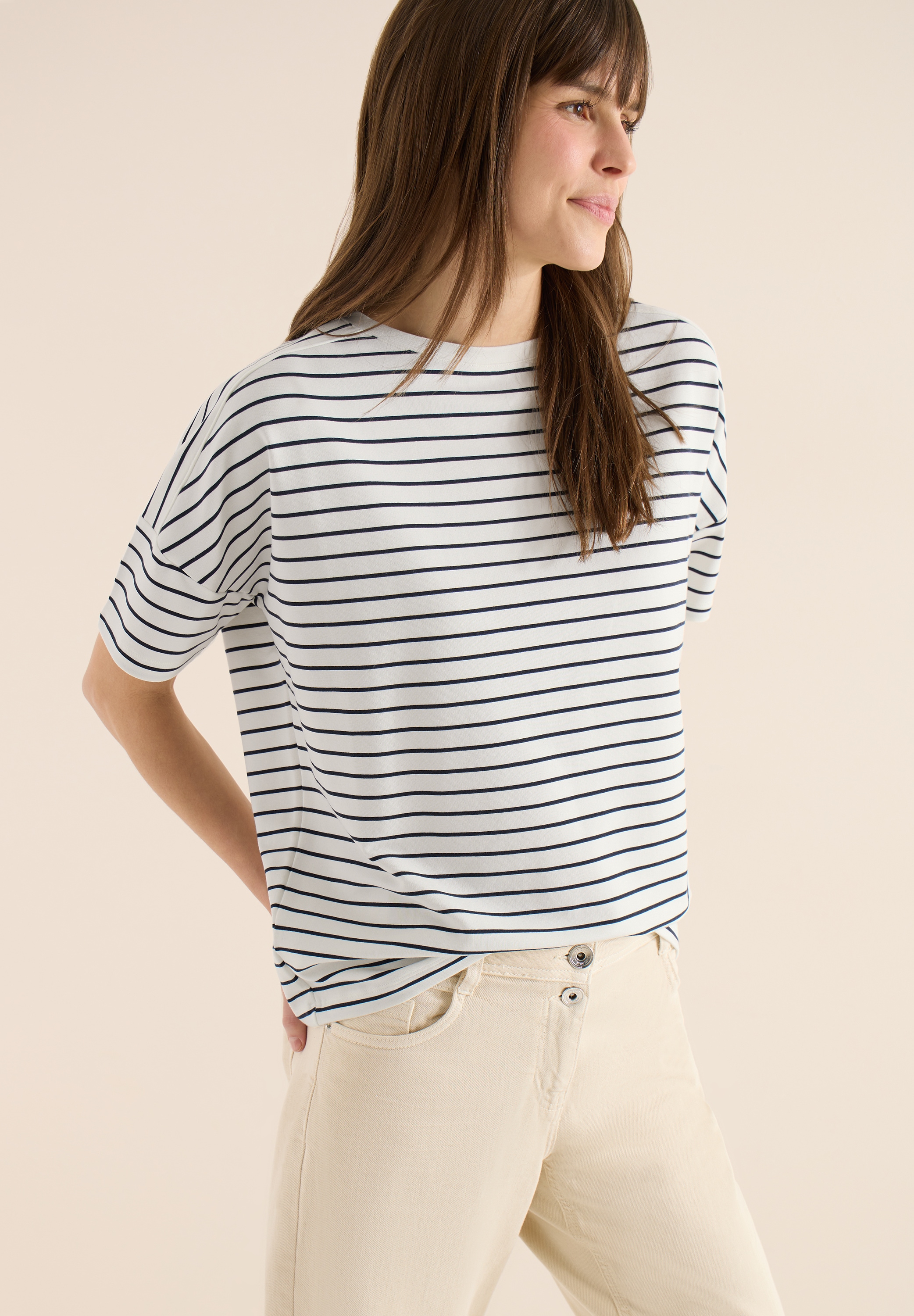 T-Shirt CECIL, Damen, Gr. M (40), universal blau, Web, 48% Baumwolle, 48% Modal, 4% Elasthan, gestreift, comfort fit normal, U-Boot-Ausschnitt, Bündchen, Shirts T-Shirt, mit U-Boot-Ausschnitt