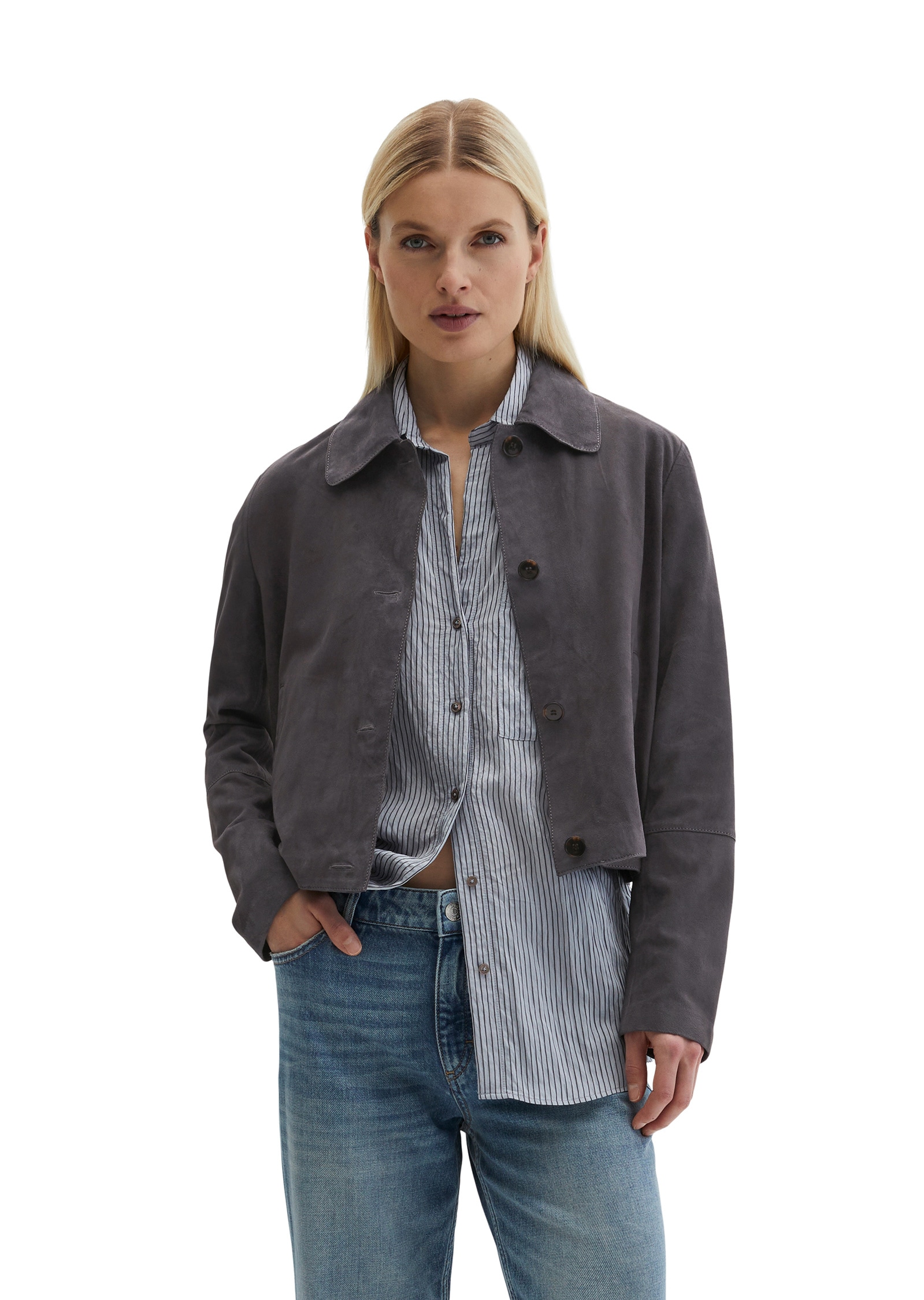 Lederjacke MARC O'POLO "aus softem Ziegenleder", Damen, Gr. 32, blau graphite, Obermaterial: 100% Leder (Ziege); Futter: 100% Polyester, unifarben, tailliert, Jacken
