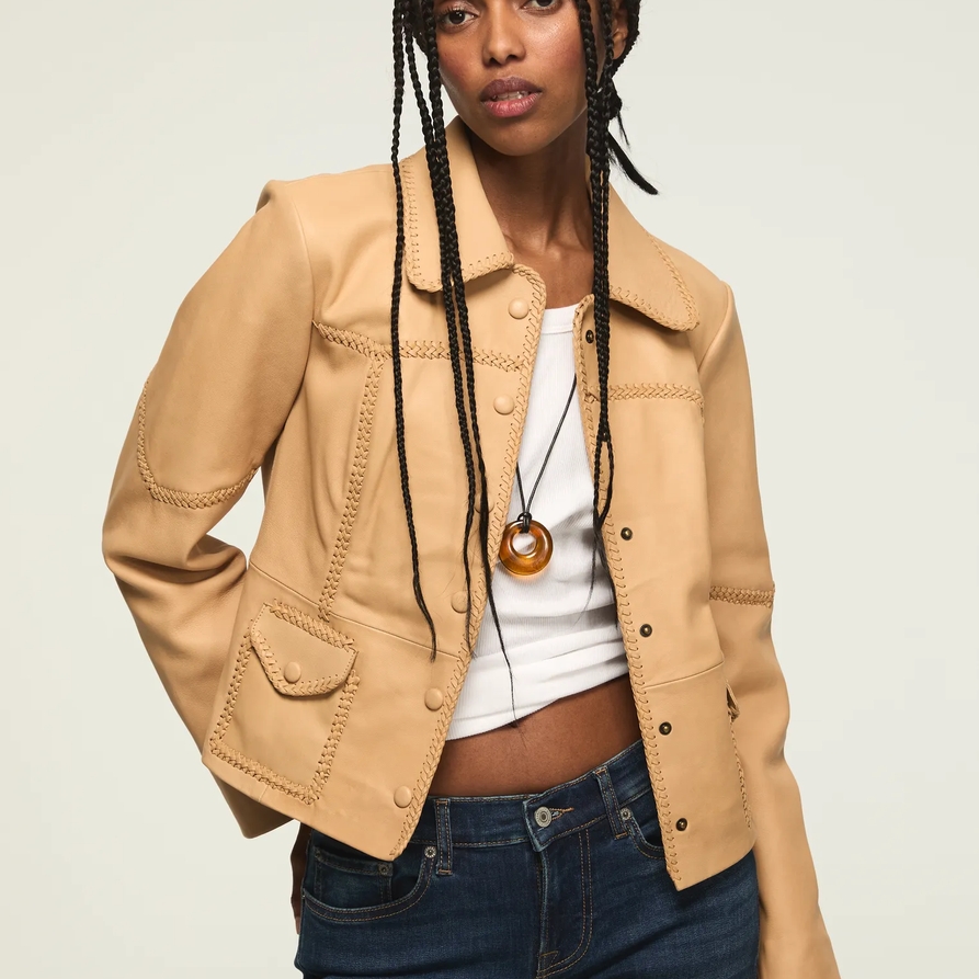Lucky Brand Festival Braided Seamed Leather Jacket - Women's Clothing Outerwear Jackets Coats in Tan, Size S
