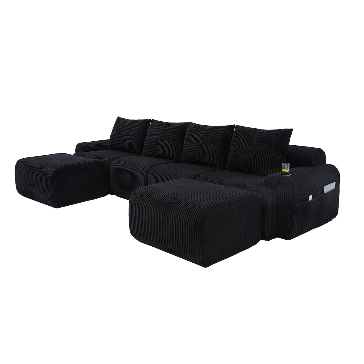 Merax Modulares Cordsofa für 4 Personen, 2 Hocker & 4 Rückenkissen, inkl. Getränkehalter & Seitentasche, frei kombinierbar, Schwarz Image