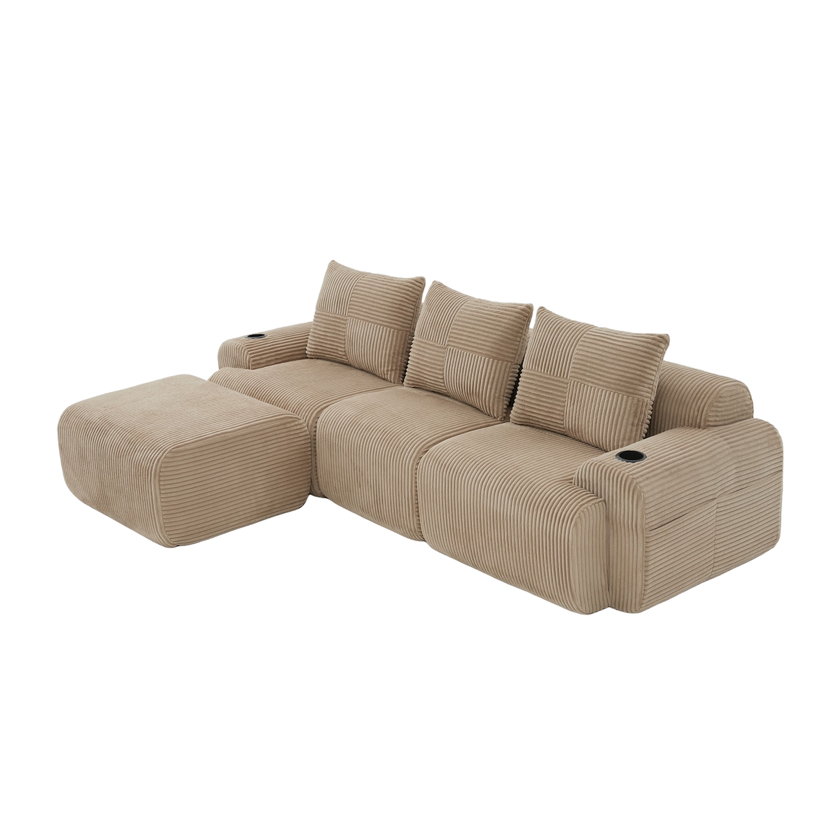 Merax Modulares Cordsofa für 3 Personen, 1 Hocker & 3 Rückenkissen, inkl. Getränkehalter & Seitentasche, frei kombinierbar, Khaki Image