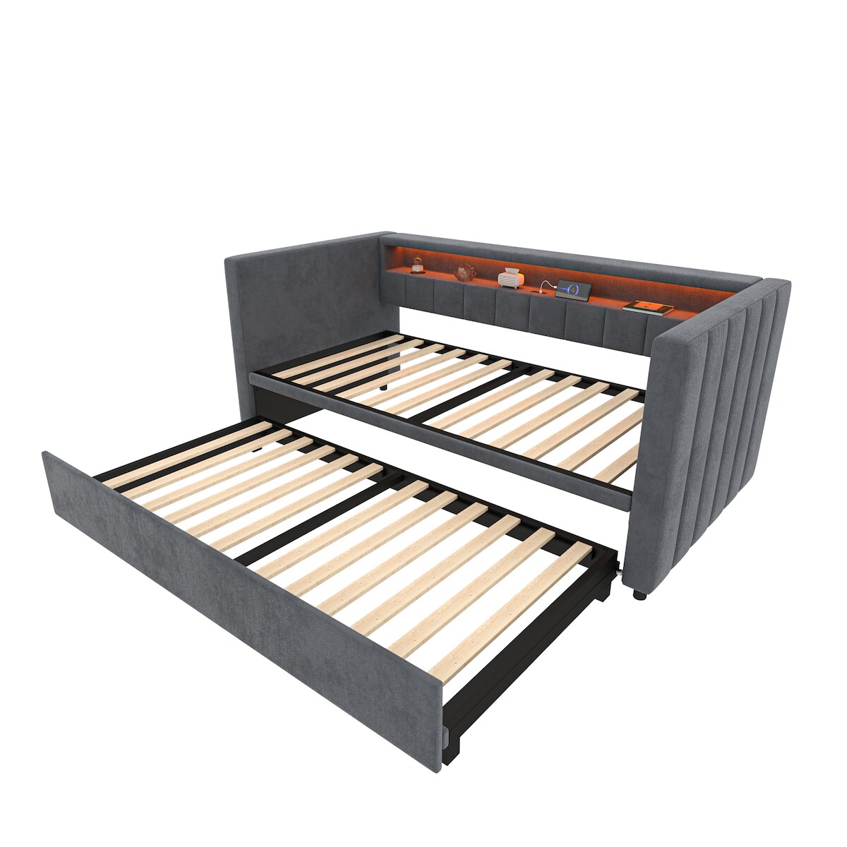 Merax Einzelbett, Daybett 90x190 cm Multifunktionales Schlafsofa mit ausziehbarem Bett, USB-Type-C-Anschluss, LED-Ambiente, Samtbezug & Stauraum, grau Image