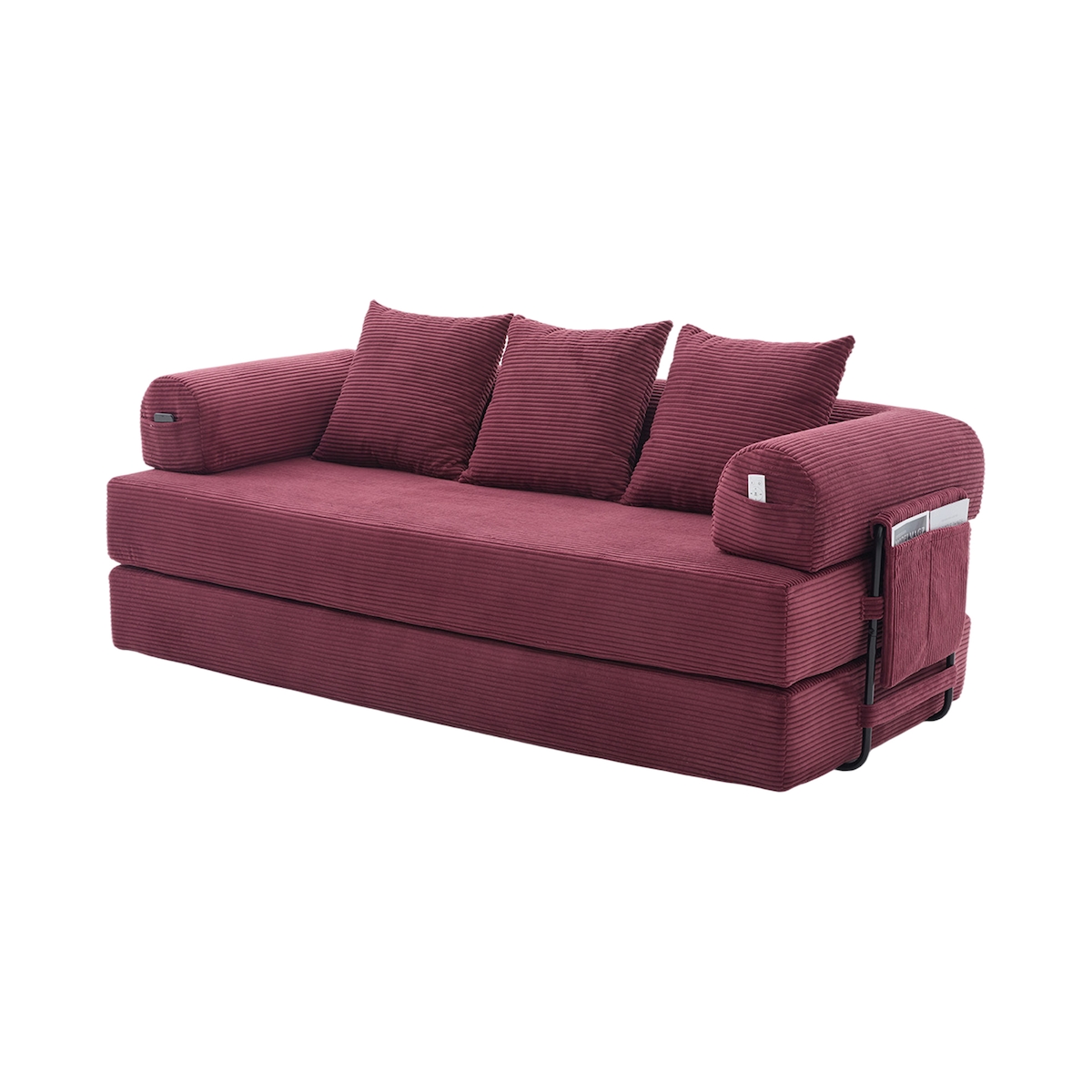 Merax 2-Sitzer Sofa, Schlafsofa Zusammenlegbares Kompressionssofa mit robustem Metallrahmen, Seitentaschen plus 3 Kissen, Weinrot Image