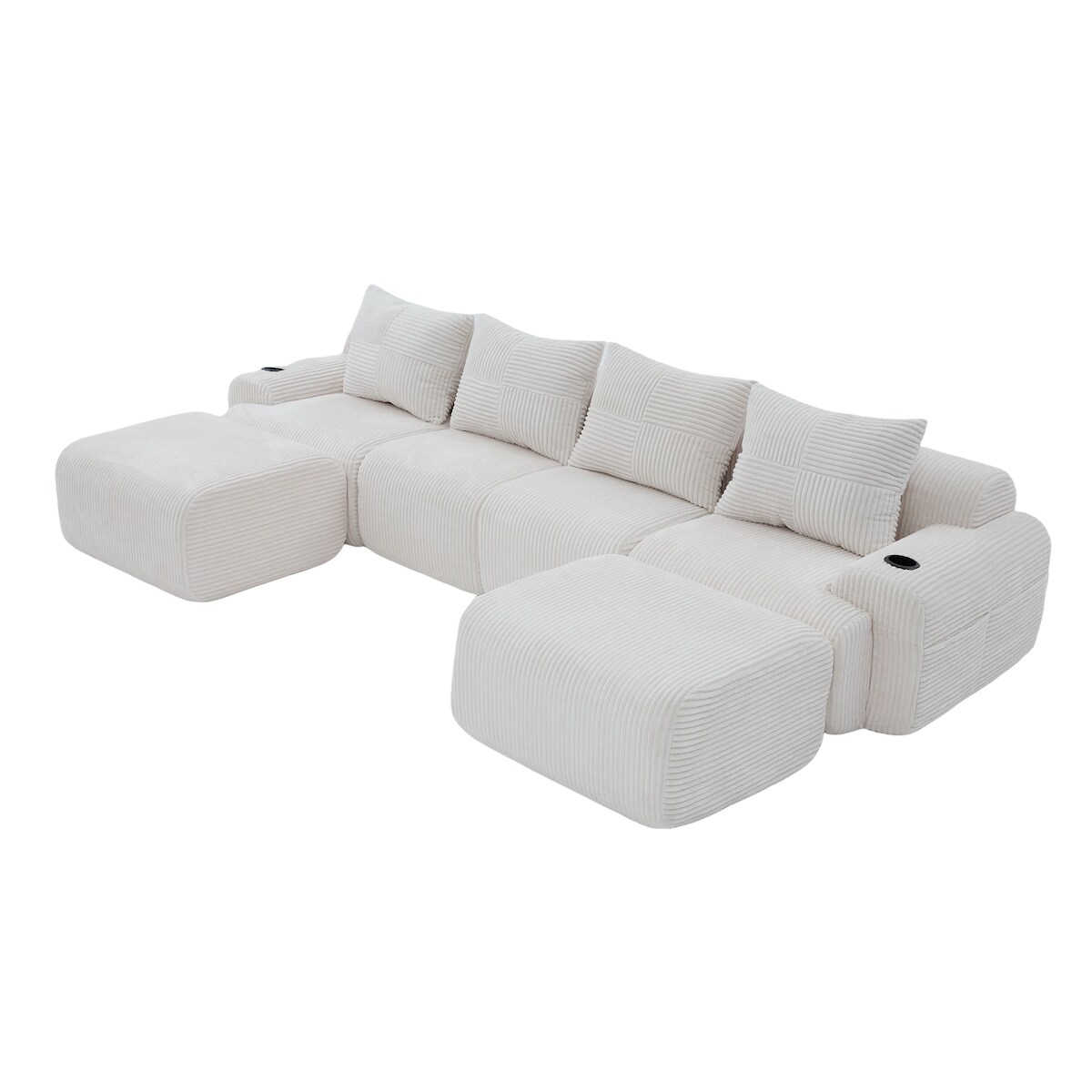 Merax Modulares Cordsofa für 4 Personen, 2 Hocker & 4 Rückenkissen, inkl. Getränkehalter & Seitentasche, frei kombinierbar, Beige Image
