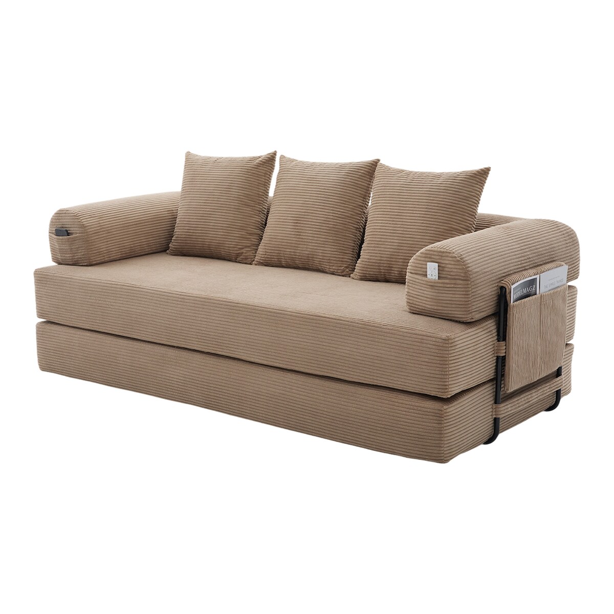 Merax 2-Sitzer Sofa, Schlafsofa Zusammenlegbares Kompressionssofa mit robustem Metallrahmen, Seitentaschen plus 3 Kissen, Khaki Image